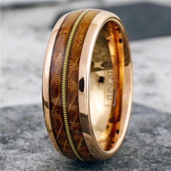 Wedding Band Rings Rose Gold Whiskey Barrel Wood Guitar Design Wedding Rings - Picture 7 of 7